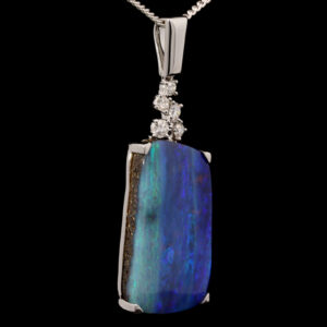 White Gold Blue Green Purple Boulder Opal and Diamond Pendant