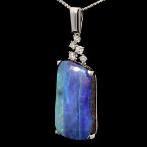 White Gold Blue Green Purple Boulder Opal and Diamond Pendant