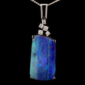 White Gold Blue Green Purple Boulder Opal and Diamond Pendant