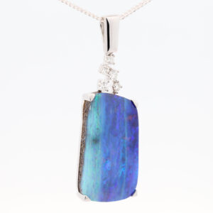 White Gold Blue Green Purple Boulder Opal and Diamond Pendant