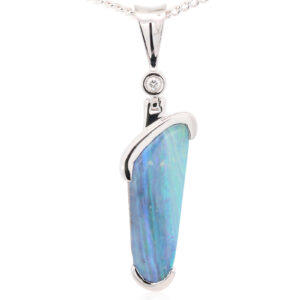 White Gold Blue Green Purple Solid Australian Boulder Opal and Diamond Pendant Necklace