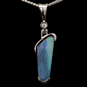 White Gold Blue Green Purple Boulder Opal and Diamond Pendant