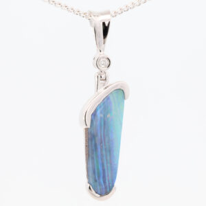 White Gold Blue Green Purple Boulder Opal and Diamond Pendant