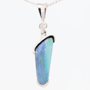 White Gold Blue Green Purple Boulder Opal and Diamond Pendant