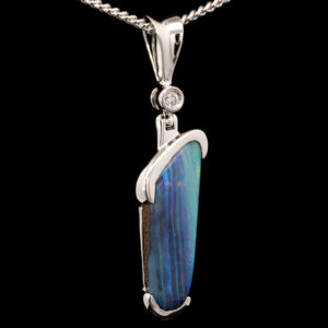 White Gold Blue Green Purple Boulder Opal and Diamond Pendant