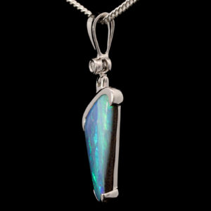 White Gold Blue Green Purple Boulder Opal and Diamond Pendant