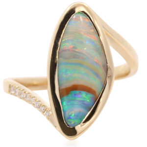 Yellow Gold Blue Green Yellow Orange Pink Solid Australian Boulder Opal and Diamond Engagement Ring