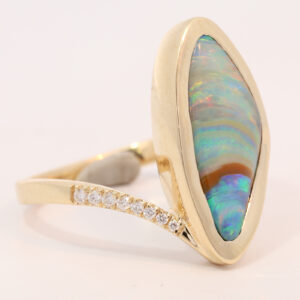 Yellow Gold Blue Green Yellow Orange Pink Boulder Opal and Diamond Ring