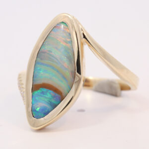 Yellow Gold Blue Green Yellow Orange Pink Boulder Opal and Diamond Ring