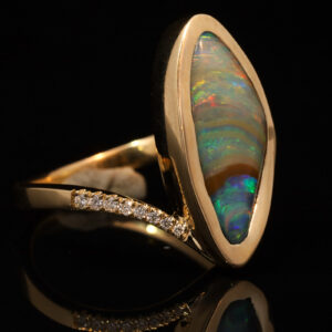 Yellow Gold Blue Green Yellow Orange Pink Boulder Opal and Diamond Ring