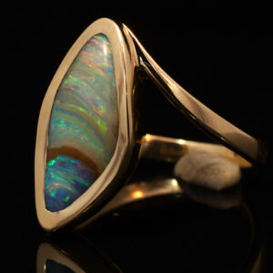 Yellow Gold Blue Green Yellow Orange Pink Boulder Opal and Diamond Ring