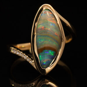 Yellow Gold Blue Green Yellow Orange Pink Boulder Opal and Diamond Ring