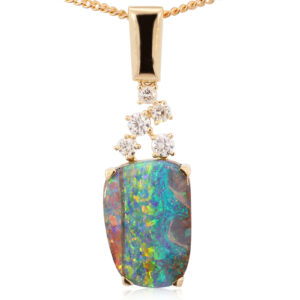 Yellow Gold Blue Green Yellow Orange Red Solid Australian Boulder Opal and Diamond Pendant Necklace