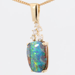 Yellow Gold Blue Green yellow Orange Red Boulder Opal and Diamond Pendant