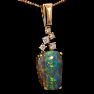 Yellow Gold Blue Green yellow Orange Red Boulder Opal and Diamond Pendant