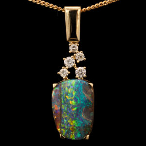 Yellow Gold Blue Green yellow Orange Red Boulder Opal and Diamond Pendant