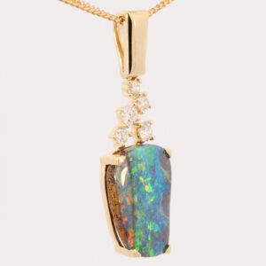 Yellow Gold Blue Green yellow Orange Red Boulder Opal and Diamond Pendant