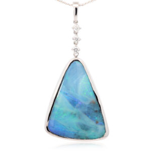 White Gold Blue Green Purple Solid Australian Boulder Opal and Diamond Pendant Necklace