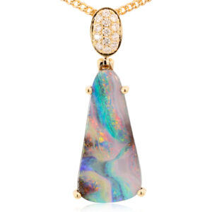 Yellow Gold Blue Green Yellow Orange Pink Solid Australian Boulder Opal and Diamond Pendant Necklace