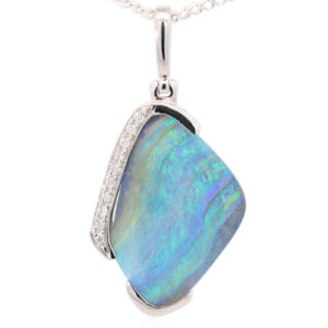 White Gold Blue Green Purple Solid Australian Boulder Opal and Diamond Pendant Necklace