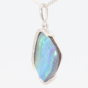 White Gold Blue Green Purple Solid Australian Boulder Opal and Diamond Pendant Necklace