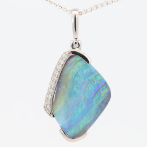 White Gold Blue Green Purple Solid Australian Boulder Opal and Diamond Pendant Necklace