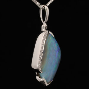 White Gold Blue Green Purple Solid Australian Boulder Opal and Diamond Pendant Necklace