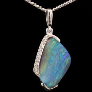 White Gold Blue Green Purple Solid Australian Boulder Opal and Diamond Pendant Necklace