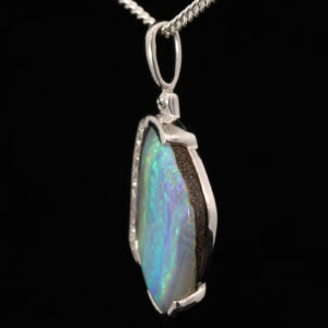 White Gold Blue Green Purple Solid Australian Boulder Opal and Diamond Pendant Necklace