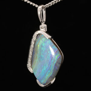 White Gold Blue Green Purple Solid Australian Boulder Opal and Diamond Pendant Necklace