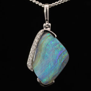 White Gold Blue Green Purple Solid Australian Boulder Opal and Diamond Pendant Necklace