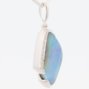 White Gold Blue Green Purple Solid Australian Boulder Opal and Diamond Pendant Necklace