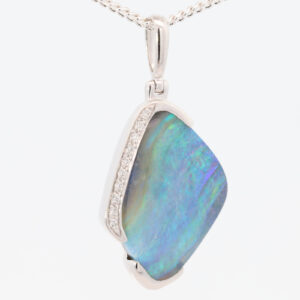 White Gold Blue Green Purple Solid Australian Boulder Opal and Diamond Pendant Necklace