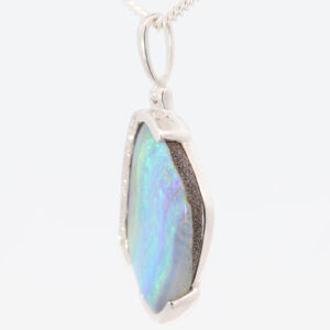 White Gold Blue Green Purple Solid Australian Boulder Opal and Diamond Pendant Necklace