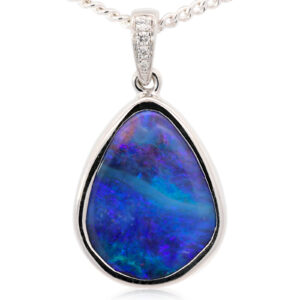 White Gold Blue Purple Solid Australian Boulder Opal and Diamond Pendant Necklace