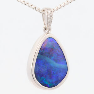 White Gold Blue Purple Boulder Opal and Diamond Pendant