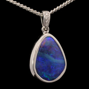 White Gold Blue Purple Boulder Opal and Diamond Pendant