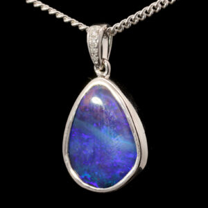 White Gold Blue Purple Boulder Opal and Diamond Pendant