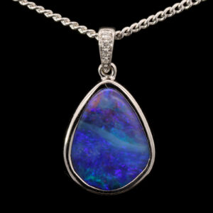 White Gold Blue Purple Boulder Opal and Diamond Pendant