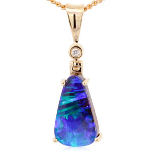 Yellow Gold Blue Green Purple Solid Australian Boulder Opal and Diamond Pendant Necklace