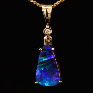 Yellow Gold Blue Green Purple Solid Australian Boulder Opal and Diamond Pendant Necklace