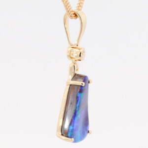 Yellow Gold Blue Green Purple Solid Australian Boulder Opal and Diamond Pendant Necklace