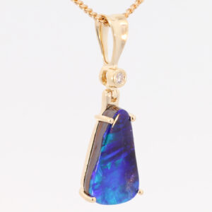 Yellow Gold Blue Green Purple Solid Australian Boulder Opal and Diamond Pendant Necklace