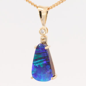 Yellow Gold Blue Green Purple Solid Australian Boulder Opal and Diamond Pendant Necklace