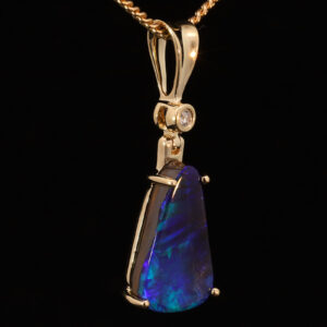 Yellow Gold Blue Green Purple Solid Australian Boulder Opal and Diamond Pendant Necklace