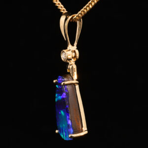 Yellow Gold Blue Green Purple Solid Australian Boulder Opal and Diamond Pendant Necklace