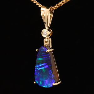 Yellow Gold Blue Green Purple Solid Australian Boulder Opal and Diamond Pendant Necklace