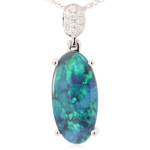 White Gold Blue Green Solid Australian Black Opal and Diamond Pendant Necklace