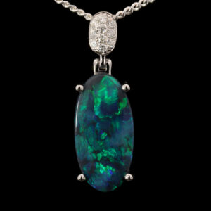 White Gold Blue Green Black Opal and Diamond Pendant