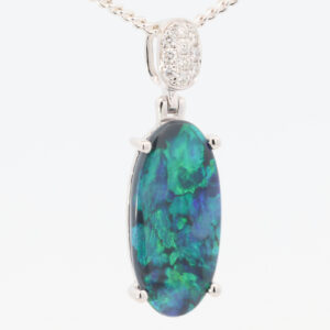 White Gold Blue Green Black Opal and Diamond Pendant